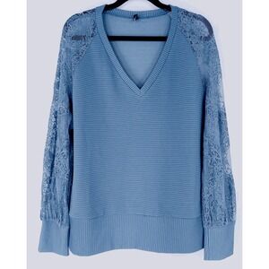 Trendy Queen Pullover V-neck Top Wmns Sz Large‎ Lace Sleeves Slate Blue